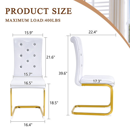 Set of Four White and Gold Faux Leather Dining Side Chairs