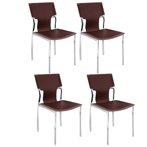 Set of Four Dark Brown and Silver Leather Dining Side Chairs