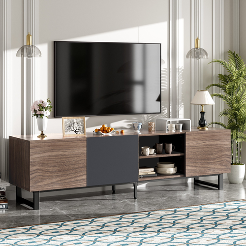 Modern TV Stand with 3 Cabinets & Open Shelves