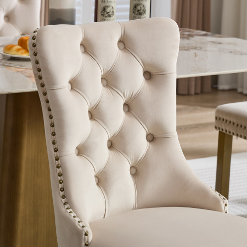 Set of Two Tufted Beige and Gold Upholstered And Solid Wood Dining Side Chairs