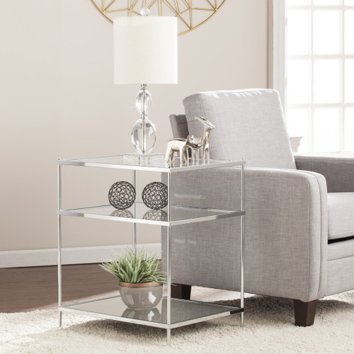 Homeroots Living Room 27" Chrome Glass And Iron Rectangular Mirrored End Table With Shelf, Chrome Finish