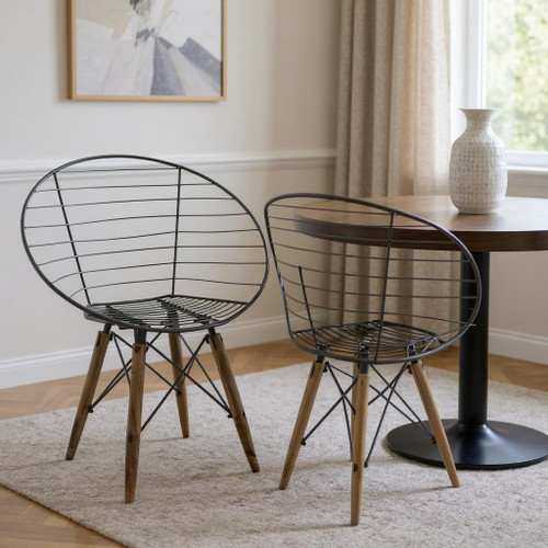 Set of Two Gray and Brown Metal Open Back Dining Arm Chairs