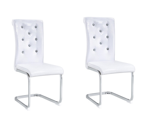 Set of Two White and Silver Faux Leather Dining Side Chairs