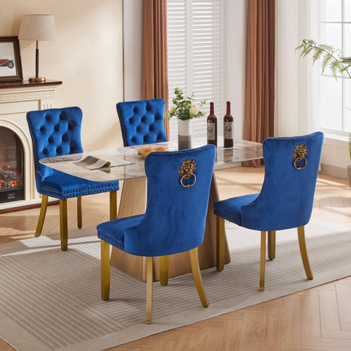 Set of Two Tufted Blue and Gold Upholstered And Solid Wood Dining Side Chairs