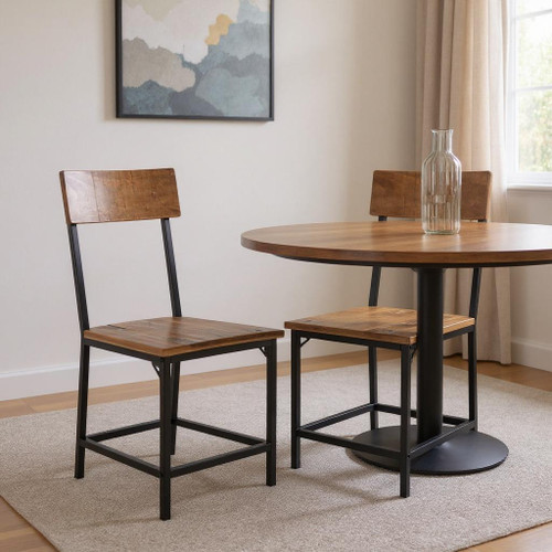 Set of Two Brown and Black Solid Wood Open Back Dining Side Chairs