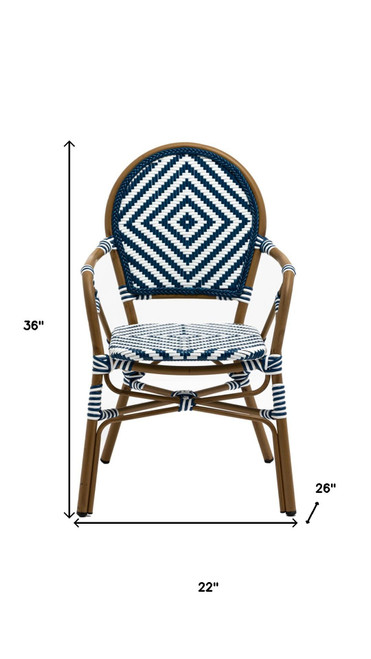 Set of Two Brown Aluminum and Rattan Open Back Dining Arm Chairs