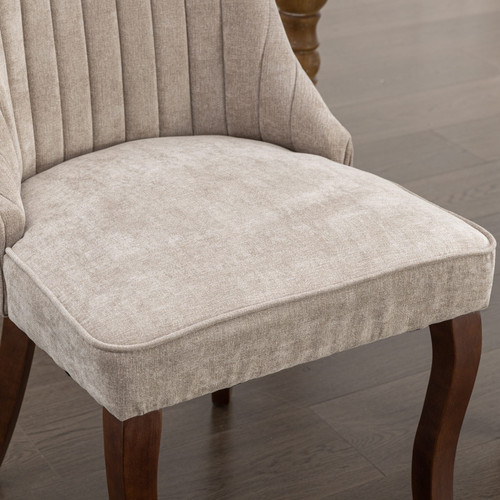Set of Two Tufted Beige and Brown Upholstered And Solid Wood Dining Side Chairs