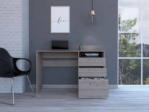 Homeroots Office Echo Light Gray Computer Desk with Three Drawers, Light Gray Finish