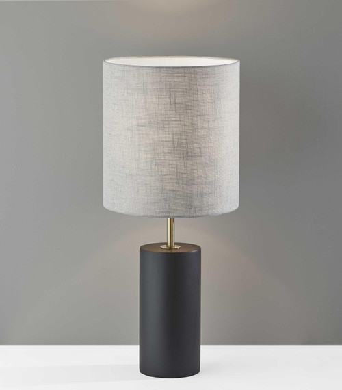 Homeroots Lighting Black Wood Circular Block Table Lamp, Black, Wood