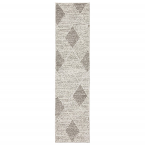 2' X 8' Grey And Ivory Geometric Power Loom Stain Resistant Runner Rug Polypropylene
