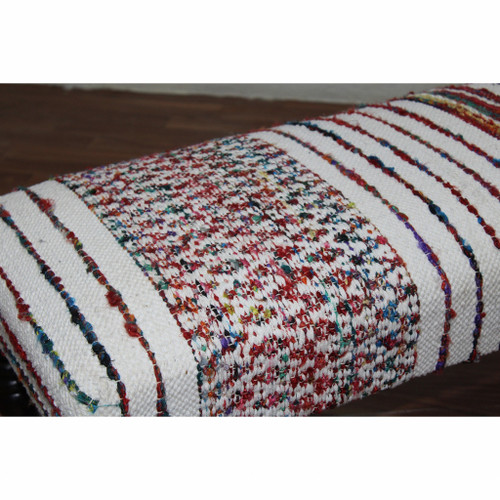 Homeroots Living Room 47" Chevron Stripe Upholstered Bench, Ivory Red and Pink with Black Leg