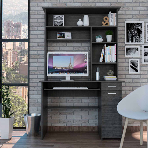 Homeroots Office Zeno Gray Oak Computer Desk with Hutch, Gray Oak Finish