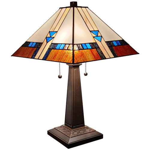 Homeroots Lighting 23" Cream Amber and Teal Arrow Stained Glass Two Light Mission Style Table Lamp