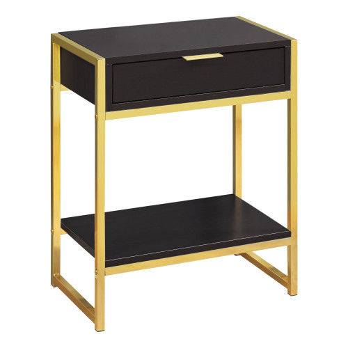 Homeroots 12.75" x 19.5" x 23.75" Cappuccino Finish and Gold Metal Accent Table