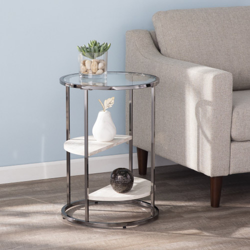 Homeroots Living Room 24" Black Metal, Glass and Faux Travertine Marble Round End Table, Black Finish, Two Shelves