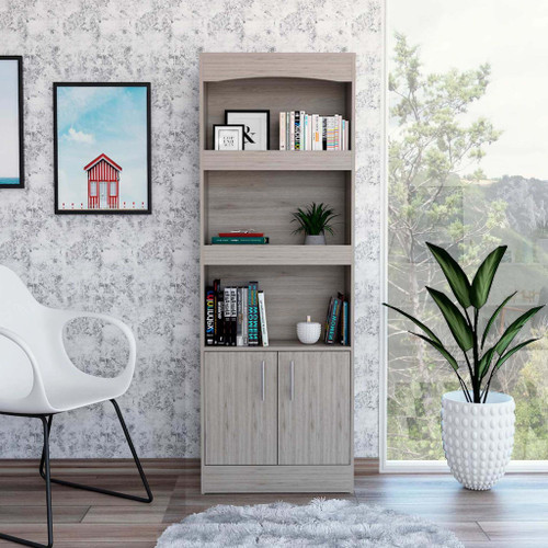 Homeroots Office 71" Light Gray Three Shelf Bookcase with Cabinet Storage
