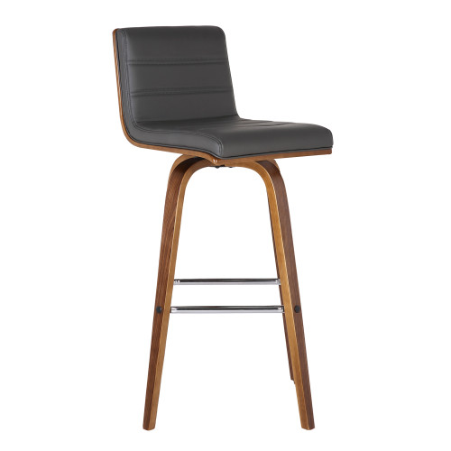30" Gray and Brown Faux Leather and Solid Wood Low Back Bar Height Swivel Bar Chair