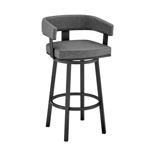 Homeroots Living Room 34" Gray Faux Leather and Iron Swivel Low Back Counter Height Bar Chair, Gray