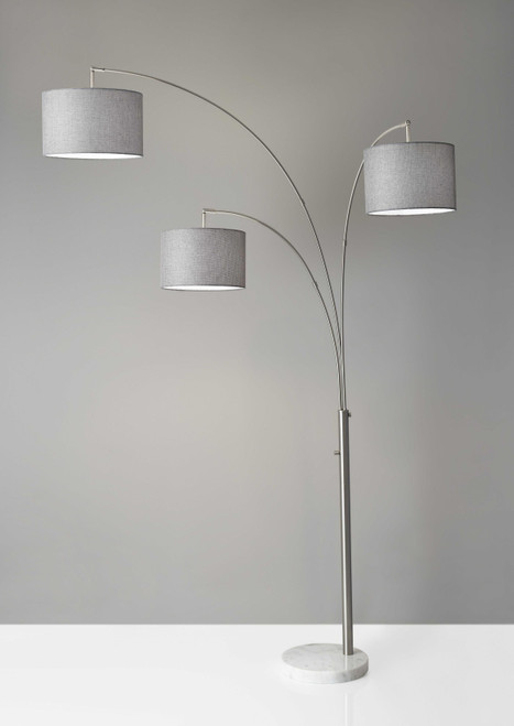 74" Silver Three Light Adjustable Tree Floor Lamp With Gray Linen Drum Shade
