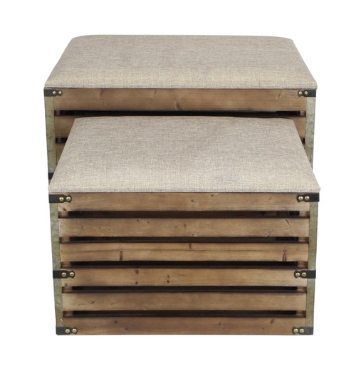 Homeroots Living Room Set of 2 Rectangular Brown Linen Fabric and Wood Slats Storage Benches, Brown, Set of 2