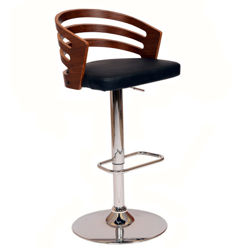 Homeroots Black Faux Leather Walnut and Chrome Adjustable Swivel Bar Stool