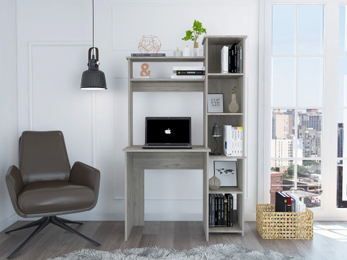 Homeroots Office Modern Light Gray Office Desk with Storage Cabinet, Light Gray Finish