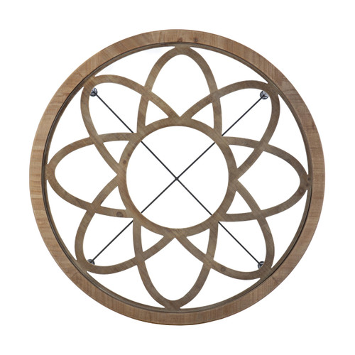 Homeroots Living Room 33" Floral Design Glass Top Round Coffee Table, Clear and Natural Finish