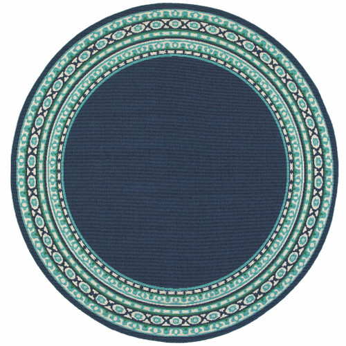 Homeroots Home Decor 8' Round Navy and Green Geometric Indoor Outdoor Area Rug