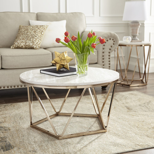 Homeroots Living Room 33" Champagne Solid Manufactured Wood and Metal Round Coffee Table, Champagne Finish