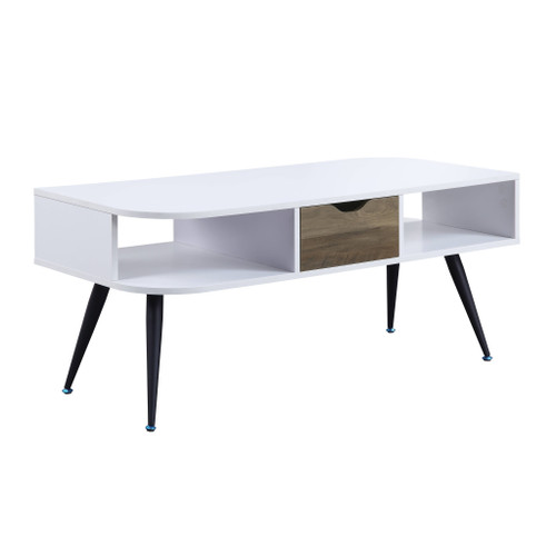 Homeroots Living Room 44" Black and White Melamine Veneer and Metal Rectangular Coffee Table with Drawer and Shelf