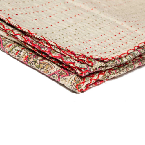 50" X 70" Green and Red Kantha Cotton Damask Throw Blanket with Embroidery