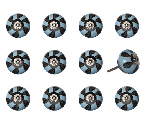 Set of Twelve Blue And Black Geometric Ceramic Drawer Pull Knobs
