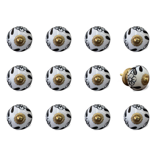 Set of Twelve Black And White Ceramic Drawer Pull Knobs