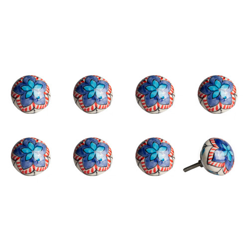 Set of Eight Blue And White Floral Ceramic Drawer Pull Knobs