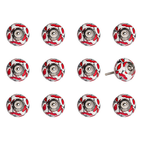 Set of Twelve Red And White Ceramic Drawer Pull Knobs