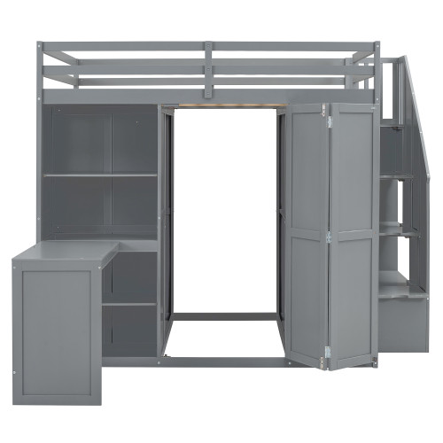 Gray Four Poster Wood Full Double Loft Bed with Stairs and Desk and Shelves