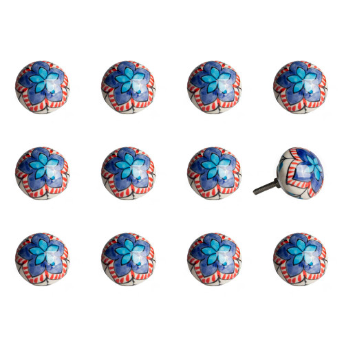 Set of Twelve Blue And White Floral Ceramic Drawer Pull Knobs Home Accent