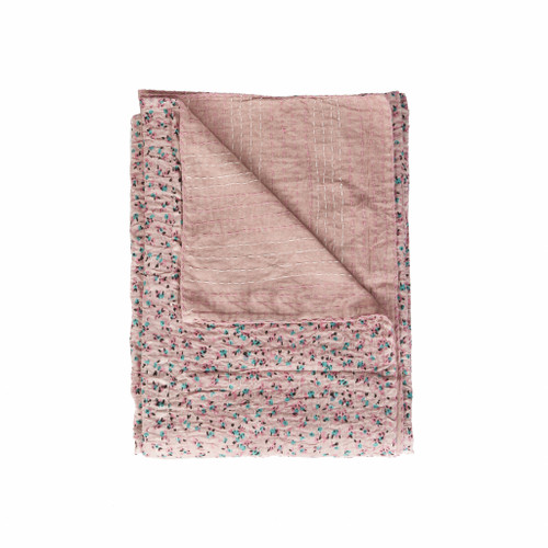 50" X 70" Blue Kantha Cotton Floral Throw Blanket with Embroidery