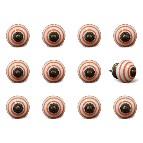 Set of Twelve Orange And White Geometric Ceramic Drawer Pull Knobs
