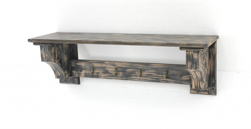 30" Black Distressed Wood Four Hook Wall Mounted Hanging Coat Rack
