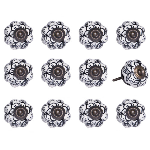 Set of Twelve Black And White Floral Ceramic Drawer Pull Knobs