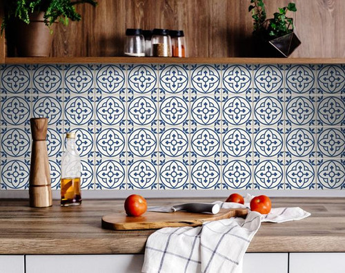 Homeroots Home Decor 6" X 6" Tulipa Blue and White Peel and Stick Removable Tiles