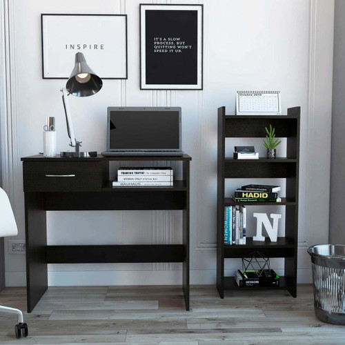 Homeroots Office Mod Black Desk and Bookshelf Set, Black Finish
