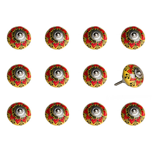 Set of Twelve Yellow And Black Floral Ceramic Drawer Pull Knobs