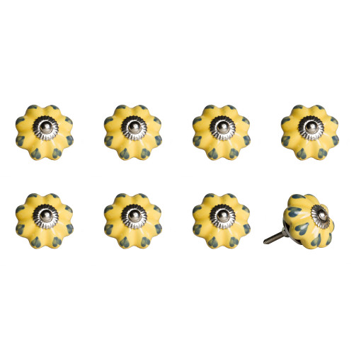 Set of Eight Yellow And Green Novelty Knob Ceramic Drawer Pull Knobs