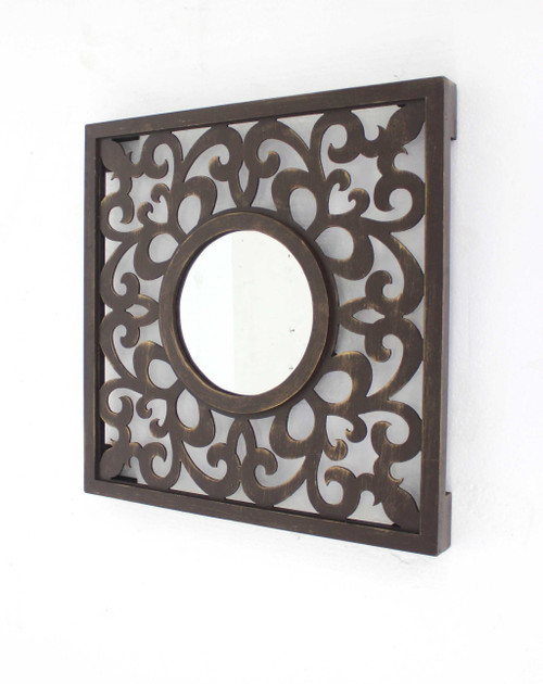 24" Brown Circle In Square Vintage Style Framed Accent Mirror Wood