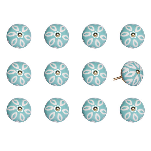 Homeroots Home Decor 1.5 X 1.5 X 1.5 Inches Turquoise White and Gold Knobs 12 Pack