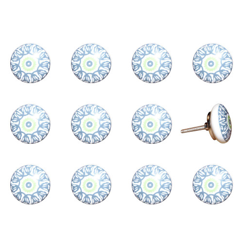 Set of Twelve White And Light Blue Metal And Ceramic Drawer Pull Knobs
