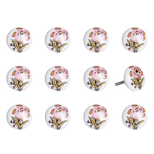 Set of Twelve Pink And White Floral Ceramic Drawer Pull Knobs