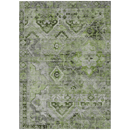 5' X 8' Artichoke Green And Gray Floral Medallion Washable Indoor Outdoor Area Rug